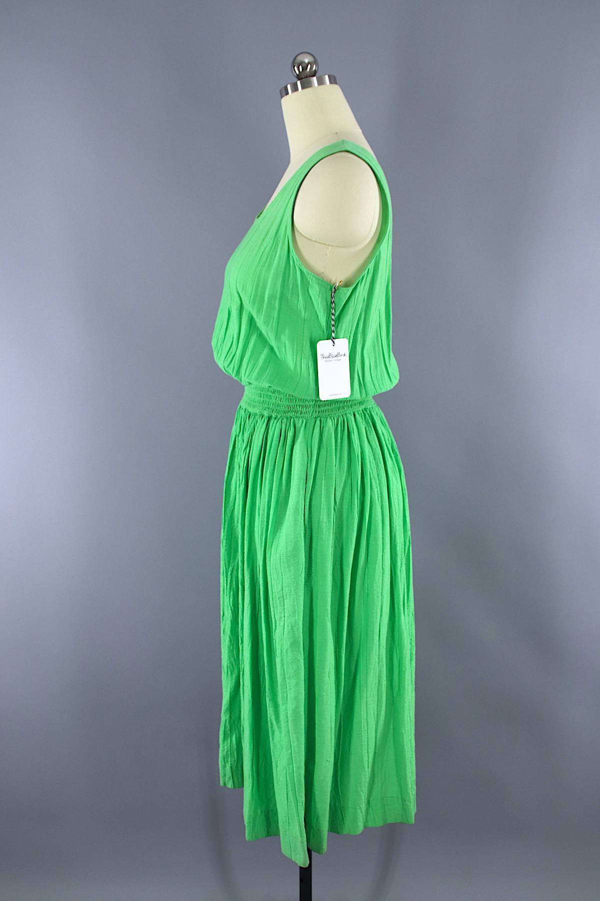 Vintage 1980s Cotton Gauze Dress / Bright Green Indian Cotton - ThisBlueBird