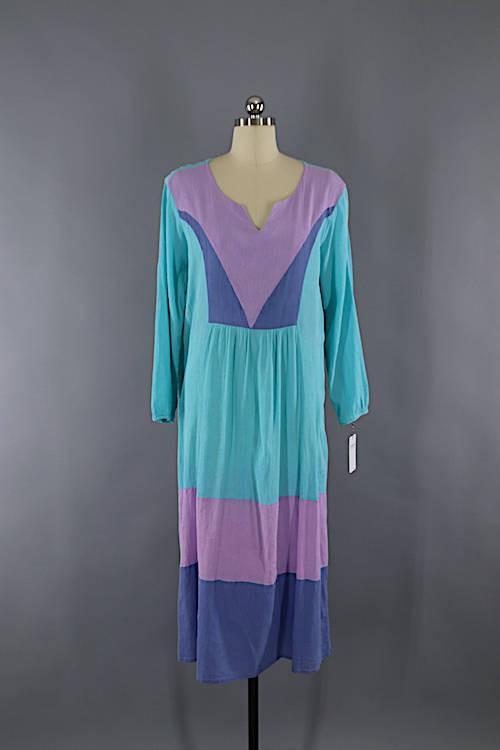 Vintage 1980s Cotton Gauze Dress Caftan Dress / Color Block Blue Purple - ThisBlueBird