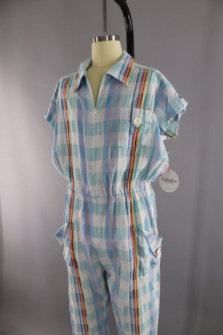 Vintage 1980s Blue and White Plaid Cotton Gauze Romper Jumpsuit - ThisBlueBird