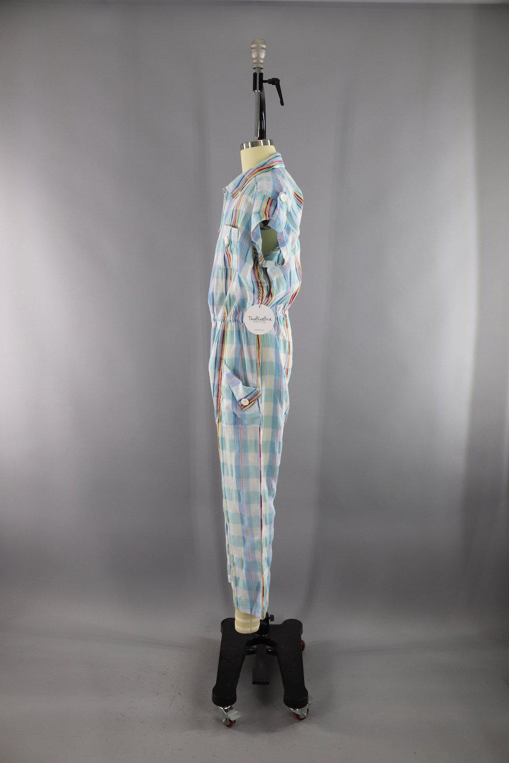 Vintage 1980s Blue and White Plaid Cotton Gauze Romper Jumpsuit - ThisBlueBird