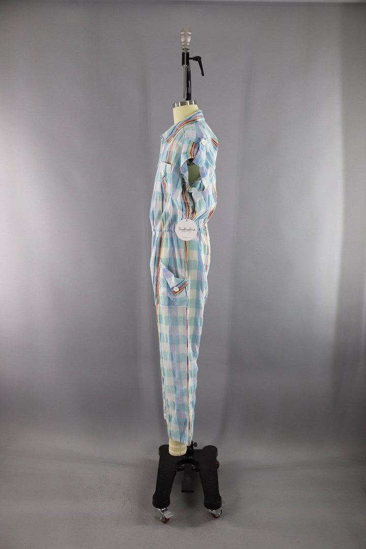 Vintage 1980s Blue and White Plaid Cotton Gauze Romper Jumpsuit - ThisBlueBird