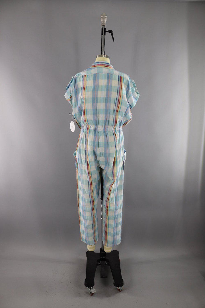Vintage 1980s Blue and White Plaid Cotton Gauze Romper Jumpsuit - ThisBlueBird