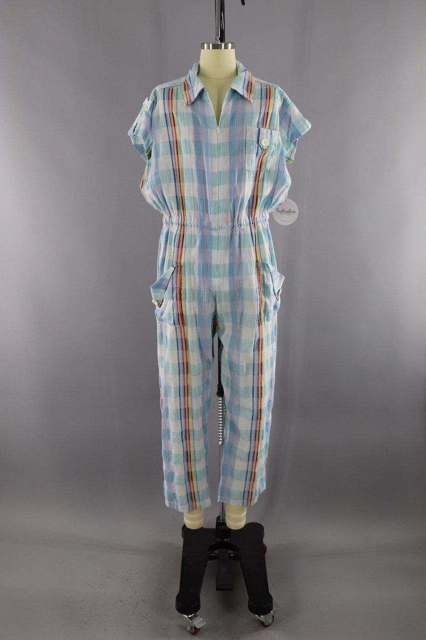 Vintage 1980s Blue and White Plaid Cotton Gauze Romper Jumpsuit - ThisBlueBird