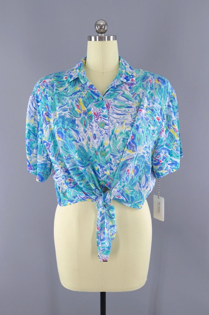 Vintage 1980s Blue Abstract Print Tie Front Crop Top-ThisBlueBird