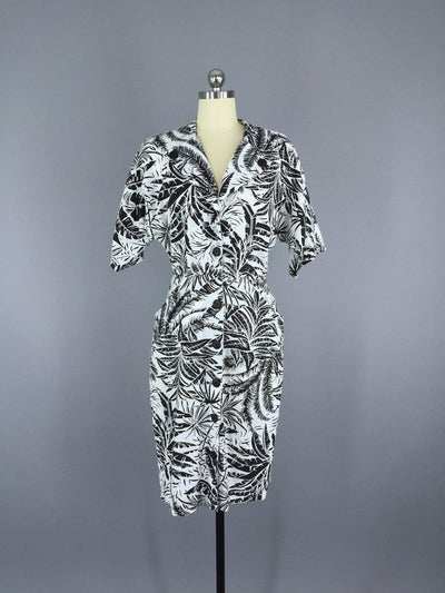 Vintage 1980s Day Dress / Black and White Tropical Palm Print - ThisBlueBird