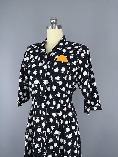 Vintage 1980s Day Dress / Black Floral Print - ThisBlueBird