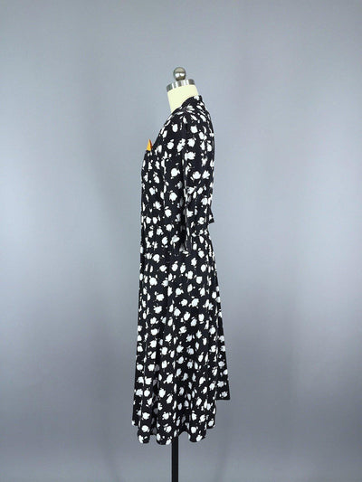 Vintage 1980s Day Dress / Black Floral Print - ThisBlueBird