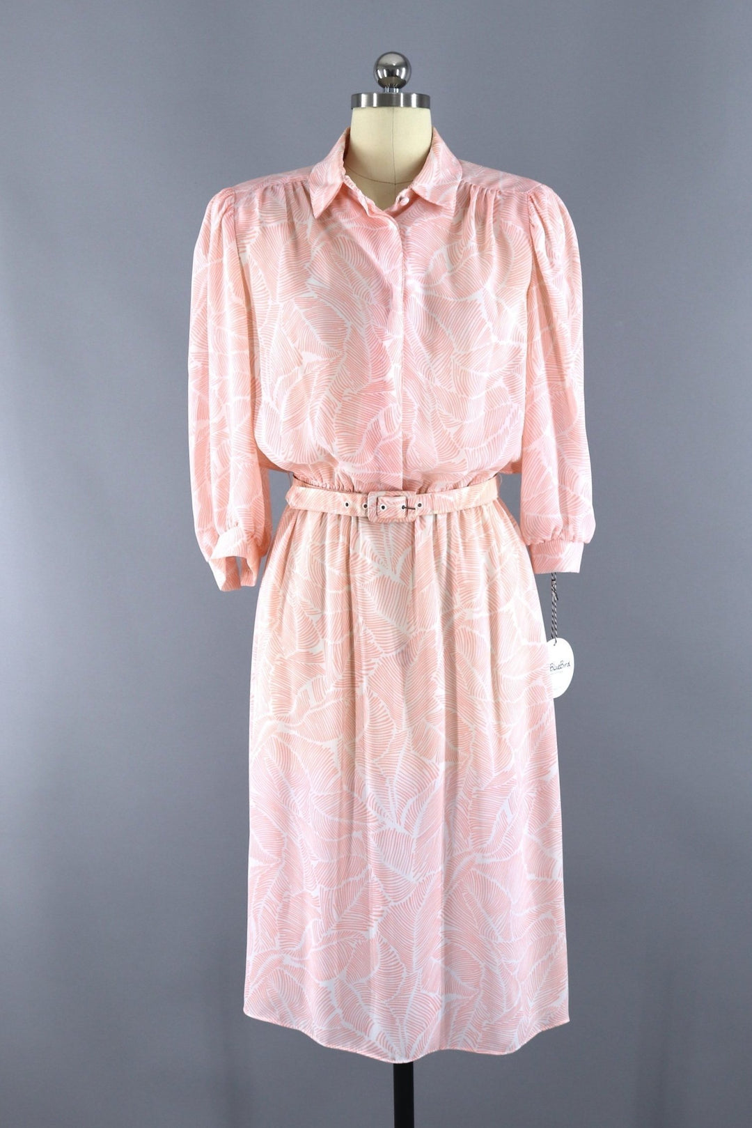 Vintage 1980s Day Dress / Peach Pink Palm Leaves Print - ThisBlueBird