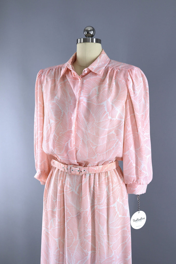 Vintage 1980s Day Dress / Peach Pink Palm Leaves Print - ThisBlueBird