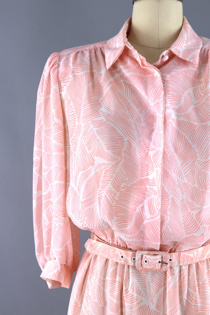 Vintage 1980s Day Dress / Peach Pink Palm Leaves Print - ThisBlueBird