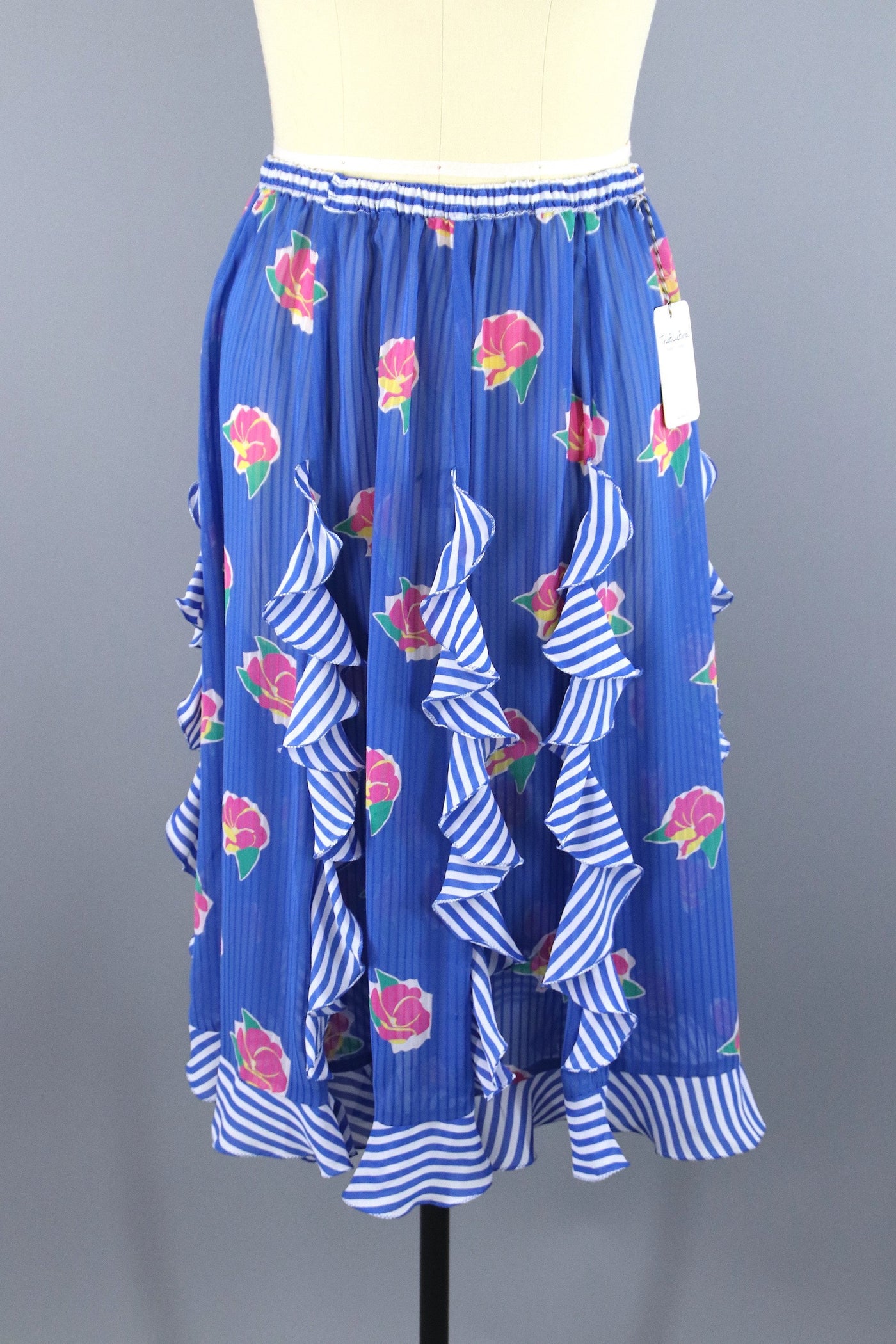 Vintage 1980s Diane Freis Skirt / Blue Ruffled Floral Print - ThisBlueBird