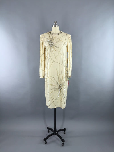 Vintage 1980s Dress / Beaded Art Deco Silk Cocktail Dress - ThisBlueBird