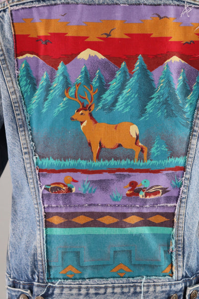 Vintage 1980s Embellished Levi's Denim Jean Jacket / Deer Stag Southwestern Novelty Print - ThisBlueBird