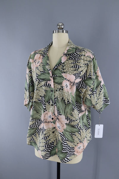 Vintage 1980s Floral Zebra Print Safari Shirt - ThisBlueBird