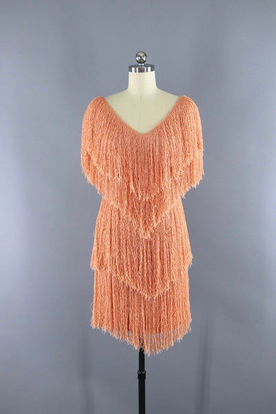Vintage 1980s French Rags Fringed Dress / Apricot Orange - ThisBlueBird