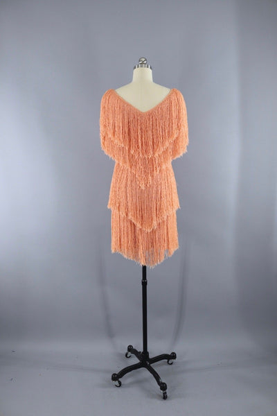 Vintage 1980s French Rags Fringed Dress / Apricot Orange - ThisBlueBird