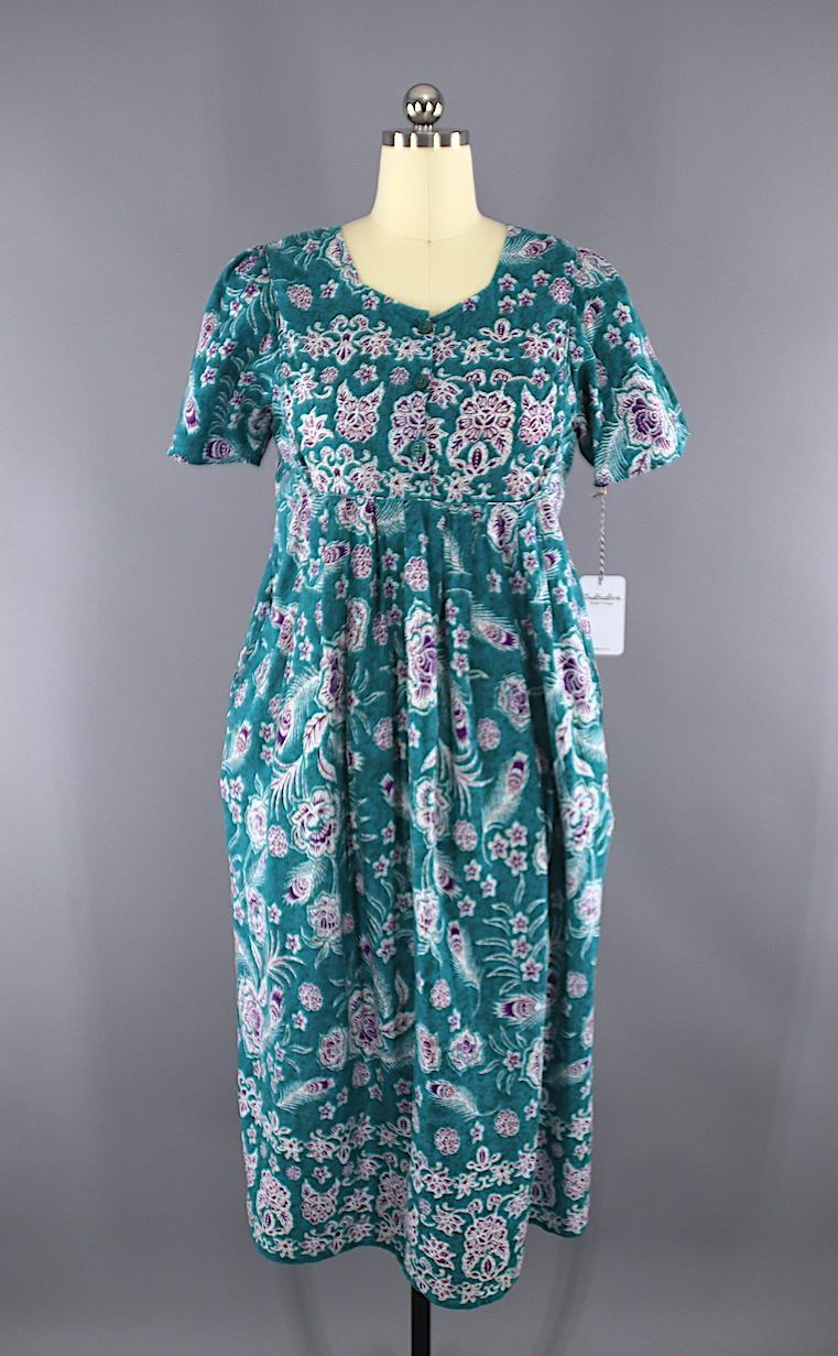 Vintage 1980s Green Floral Print Cotton Dress / Loungees - ThisBlueBird