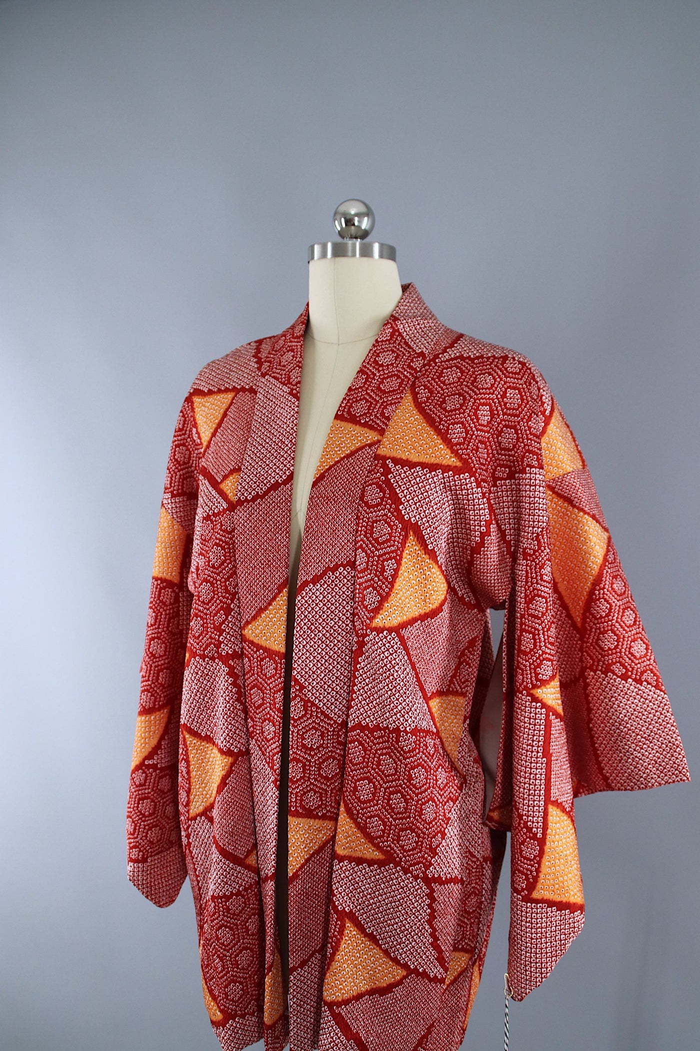 Vintage 1980s Haori Kimono Jacket Cardigan / Red & Orange Shibori Dyed - ThisBlueBird