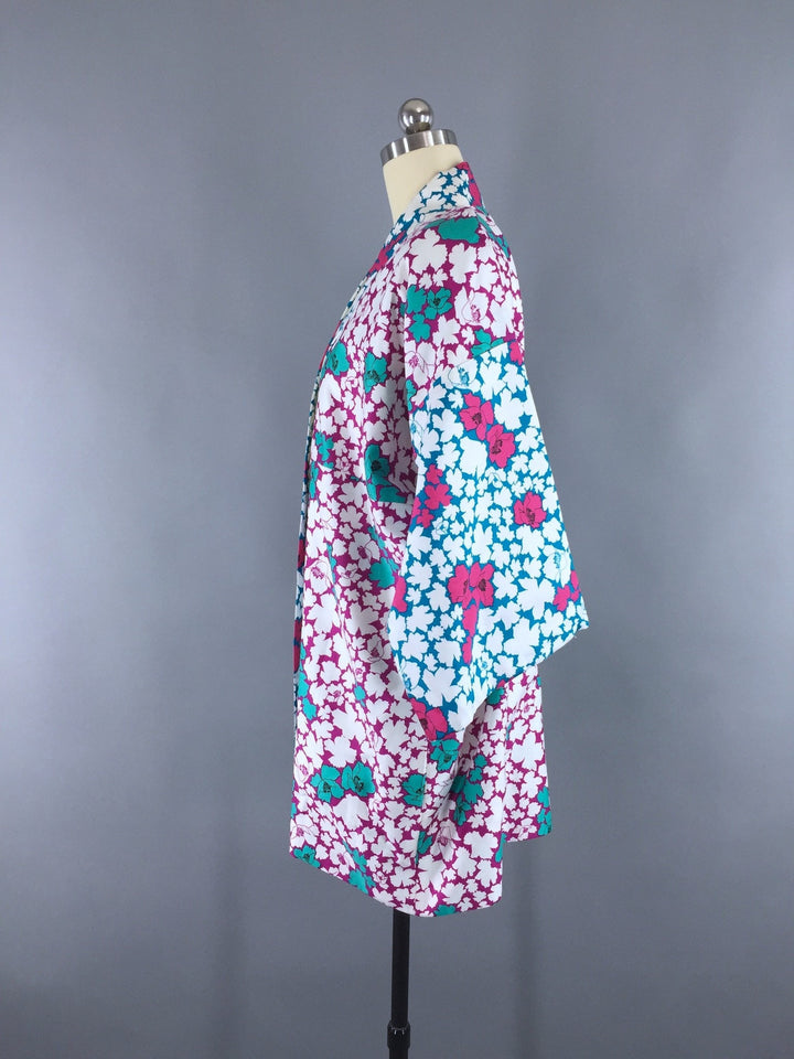 Vintage 1980s Happi Coat Kimono Cardigan / White Floral Cotton Sateen - ThisBlueBird