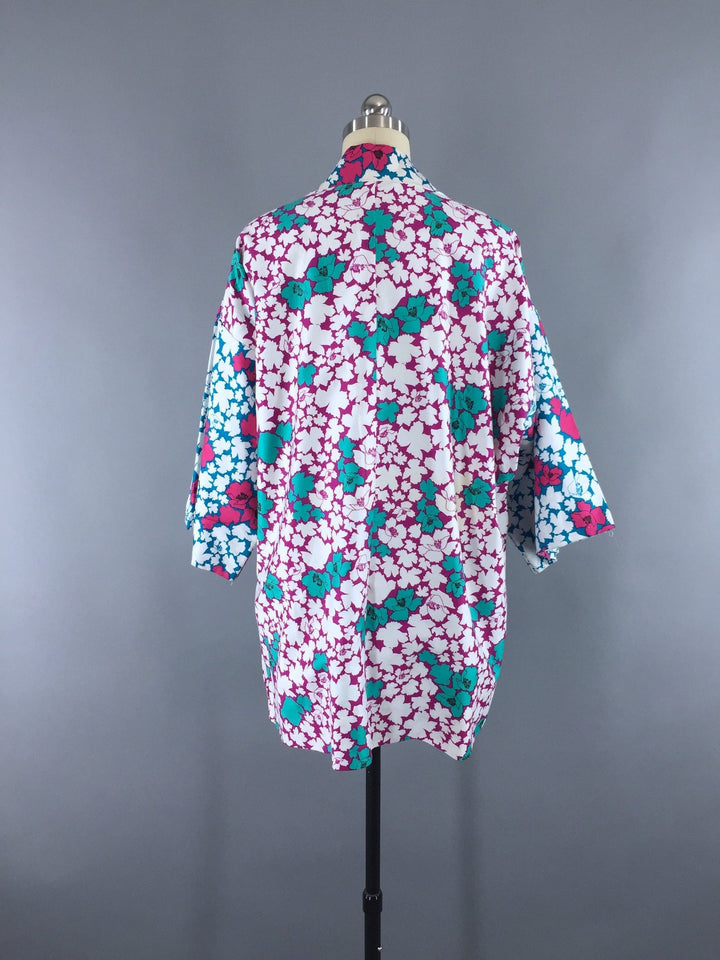 Vintage 1980s Happi Coat Kimono Cardigan / White Floral Cotton Sateen - ThisBlueBird