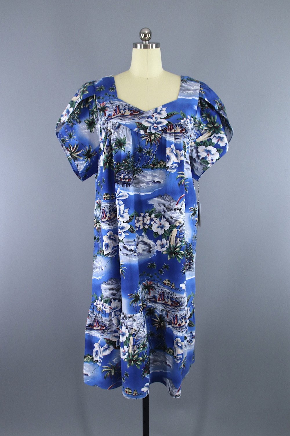 Vintage 1980s Hawaiian Caftan Dress / Blue Floral Print - ThisBlueBird
