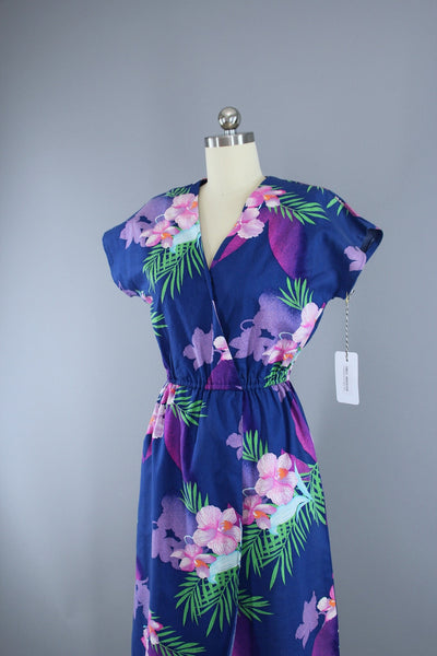 Vintage 1980s Hawaiian Dress / Blue Floral Print - ThisBlueBird