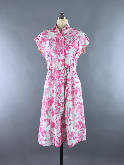 Vintage 1980s Hawaiian Dress / Pink Palm Hawaiian Print - ThisBlueBird