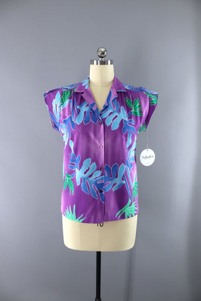 Vintage 1980s Hawaiian Print Blouse / Purple Floral Hilo Hattie - ThisBlueBird