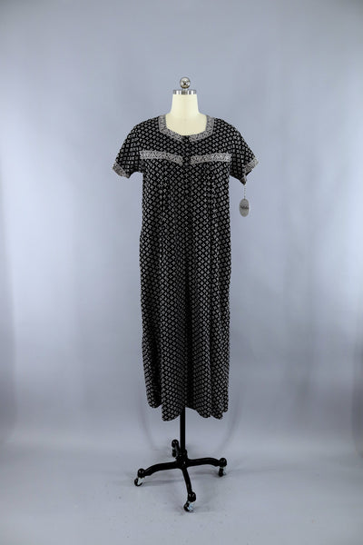 Vintage 1980s Indian Cotton Maxi Dress / Black and White Print - ThisBlueBird