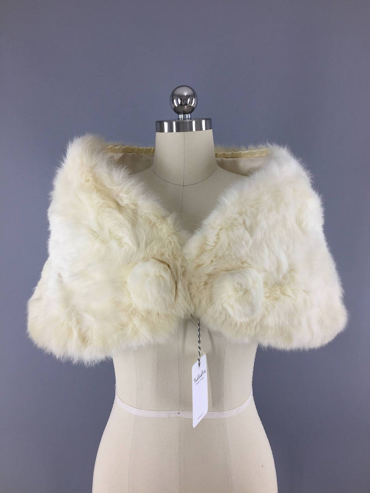 Vintage 1980s Ivory Fur Stole / Rabbit Fur Shrug - ThisBlueBird