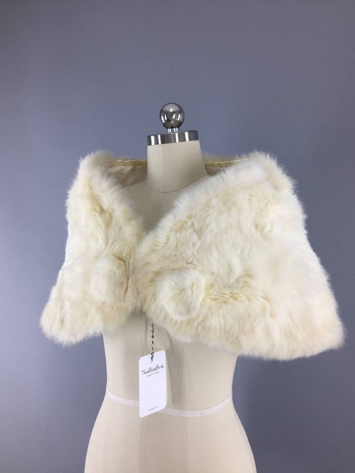 Vintage 1980s Ivory Fur Stole / Rabbit Fur Shrug - ThisBlueBird