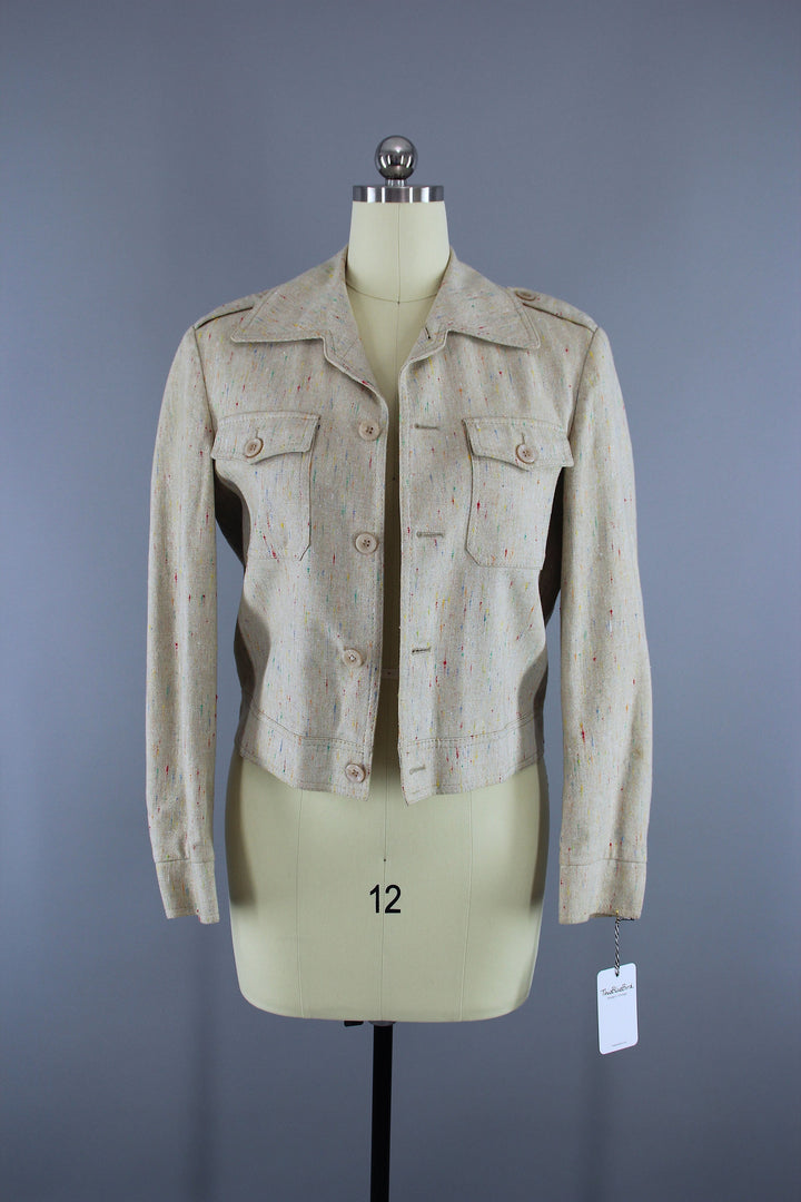 Vintage 1980s Jacket / Beige Linen - ThisBlueBird