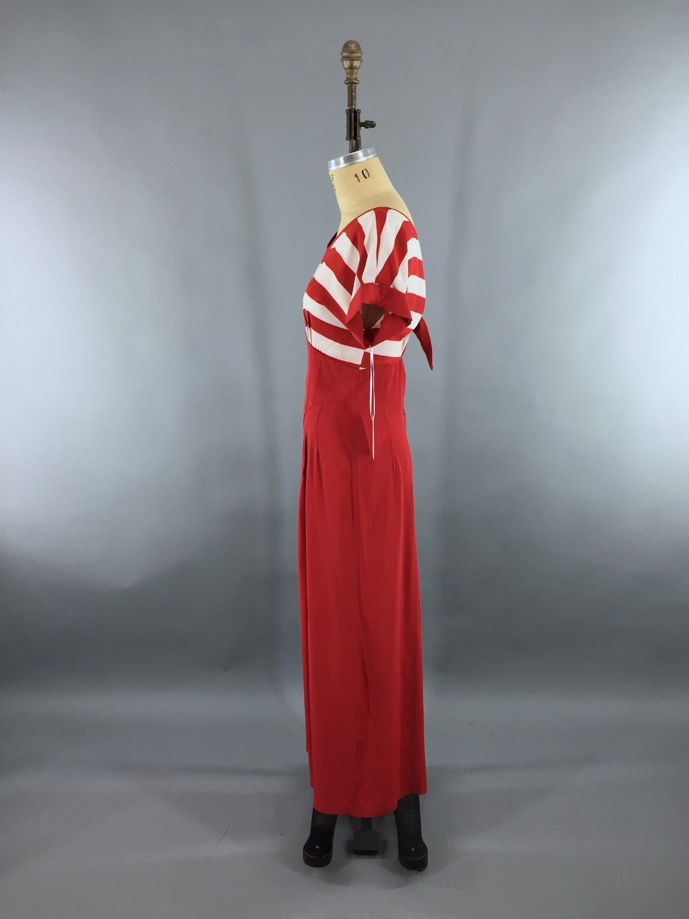 Vintage 1980s Jumpsuit / Beach Pajamas / Red & White Nautical Breton Stripes - ThisBlueBird