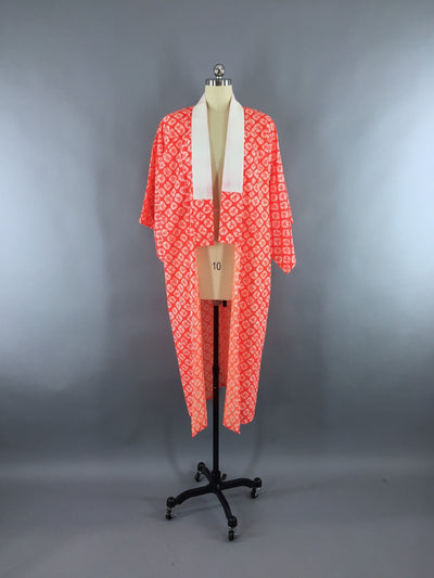 Vintage 1980s Kimono Robe Cotton Neon Coral Orange Tie Dyed - ThisBlueBird