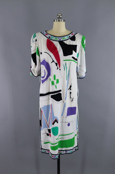 Vintage 1980s Leonard Paris Designer Dress / White Abstract Print Knit - ThisBlueBird