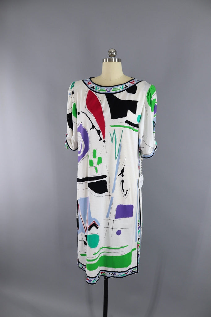 Vintage 1980s Leonard Paris Designer Dress / White Abstract Print Knit - ThisBlueBird