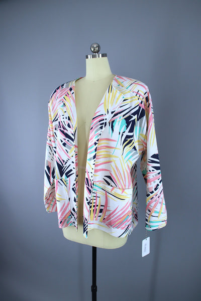 Vintage 1980s Linen Oversized Blazer Jacket / Palm Leaf Novelty Print - ThisBlueBird