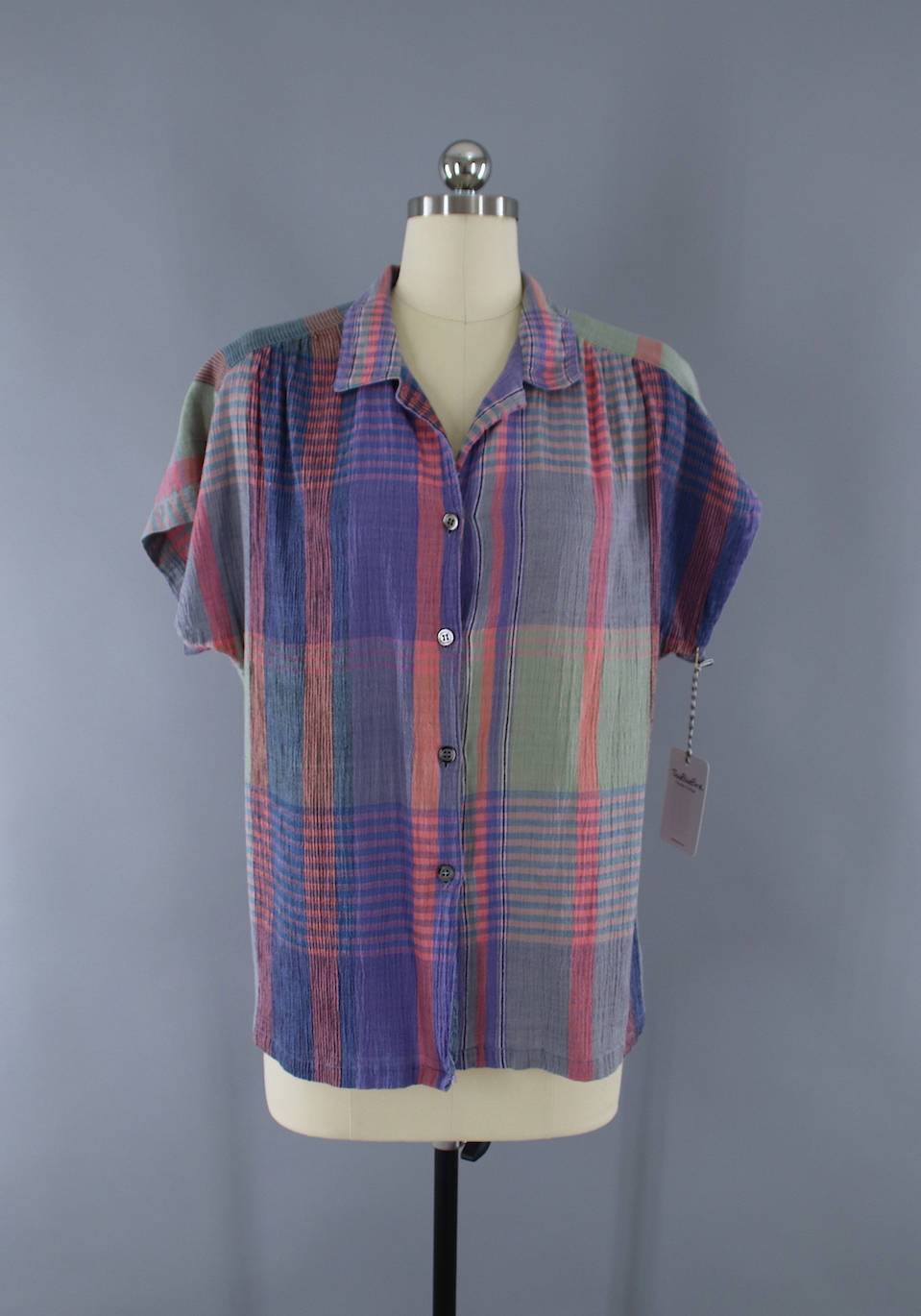 Vintage 1980s Madras Plaid Shirt / Purple & Sage Green - ThisBlueBird