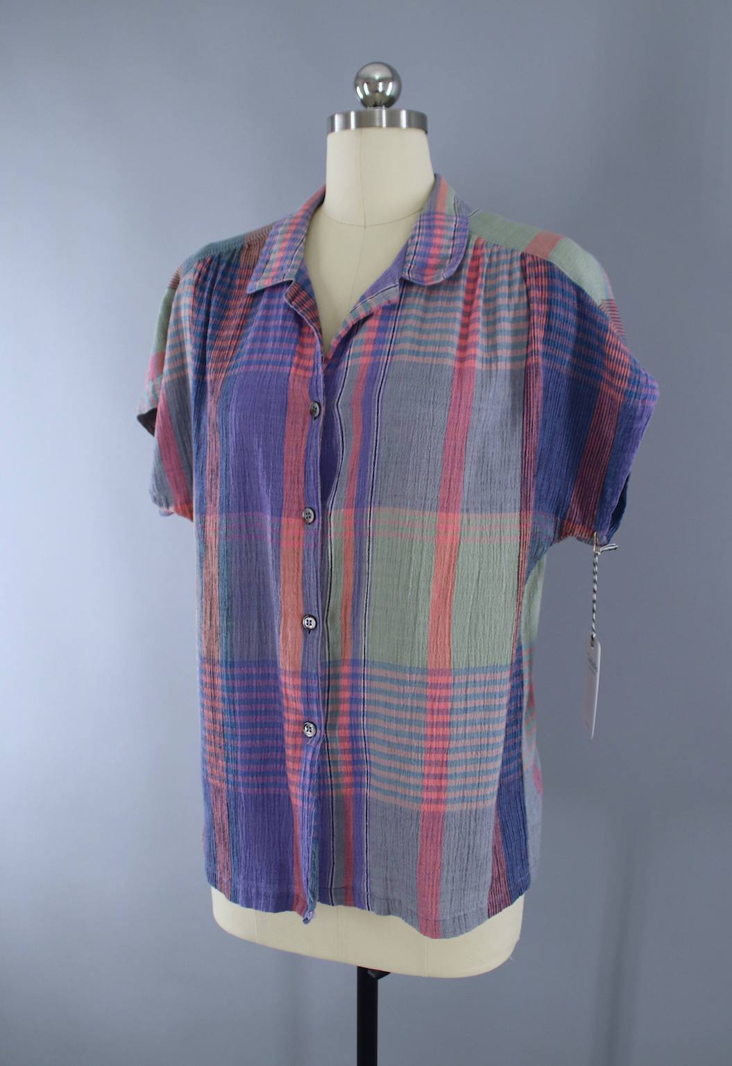 Vintage 1980s Madras Plaid Shirt / Purple & Sage Green - ThisBlueBird