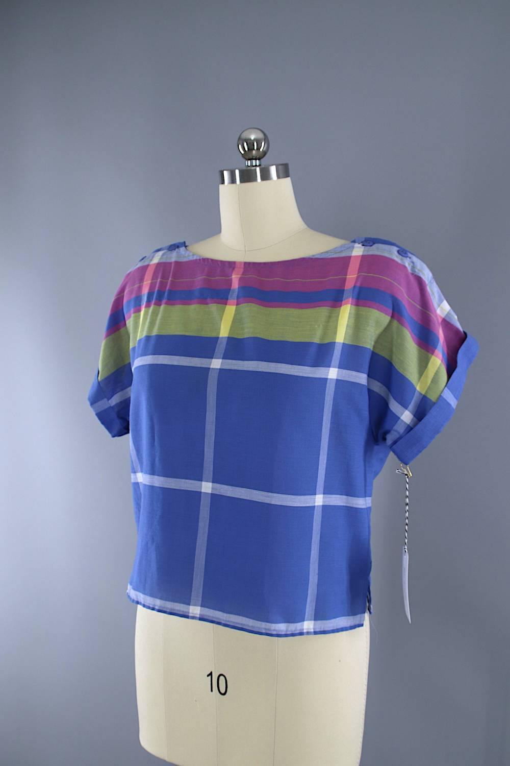 Vintage 1980s Ms Paquette Blouse / Blue Plaid Stripes - ThisBlueBird