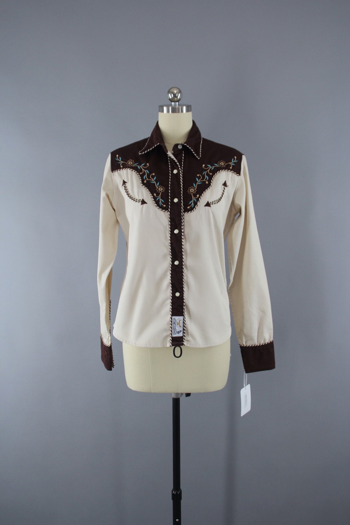 Vintage 1980s Panhandle Slim Western Shirt with Brown & Aqua Embroidery - ThisBlueBird
