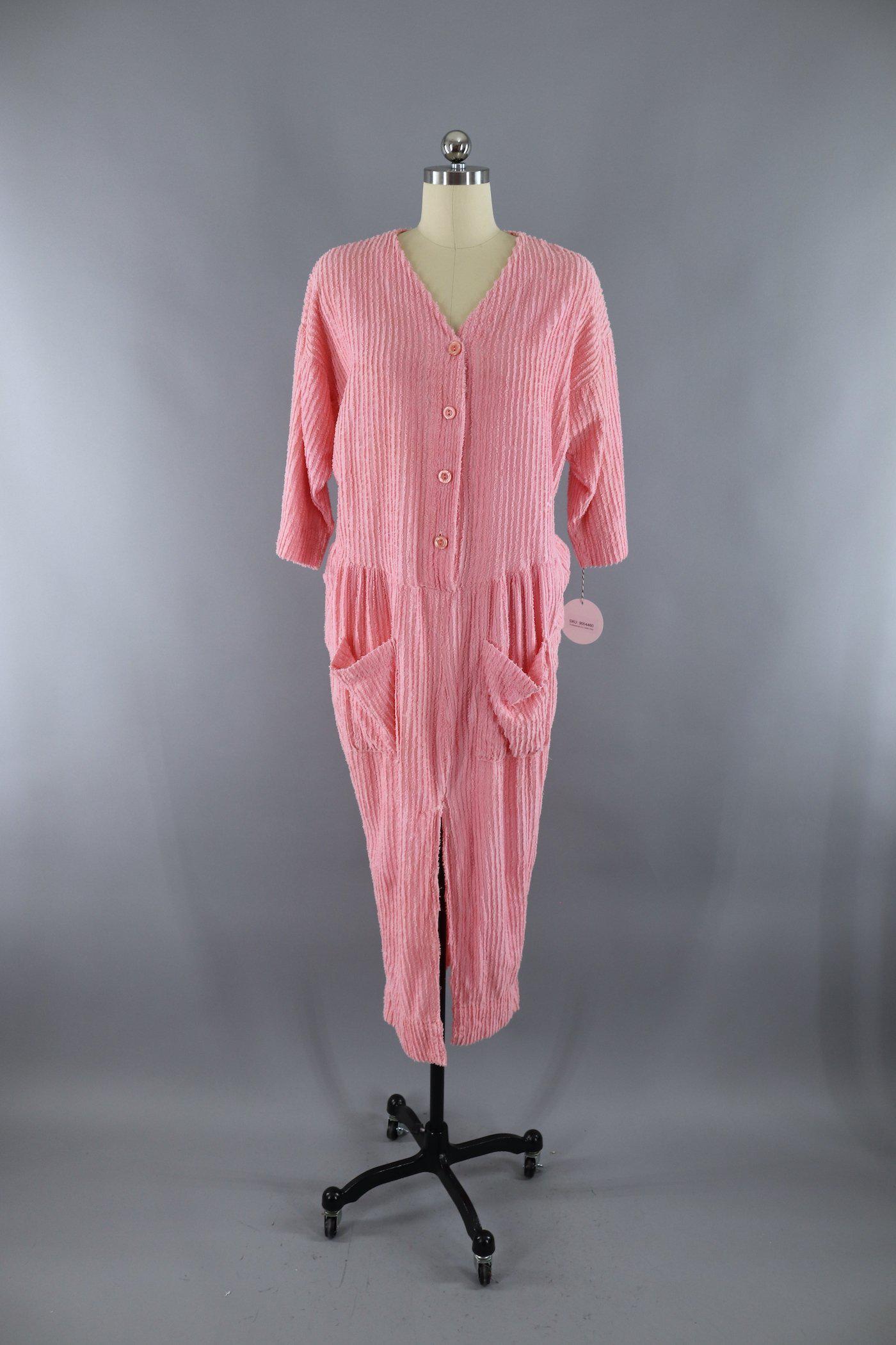 Vintage 1980s Pink Chenille Caftan House Dress Robe - ThisBlueBird