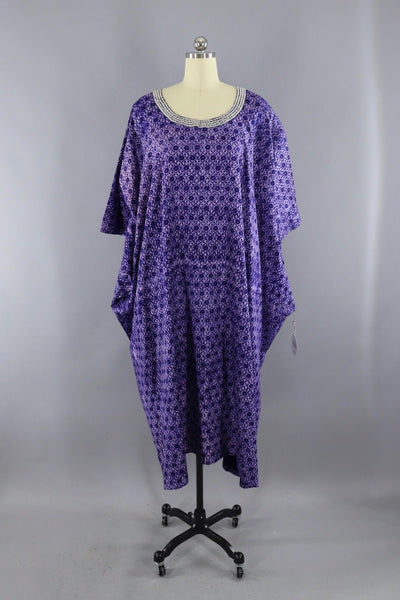 Vintage 1980s Purple Cotton Caftan Dress with White Embroidery - ThisBlueBird