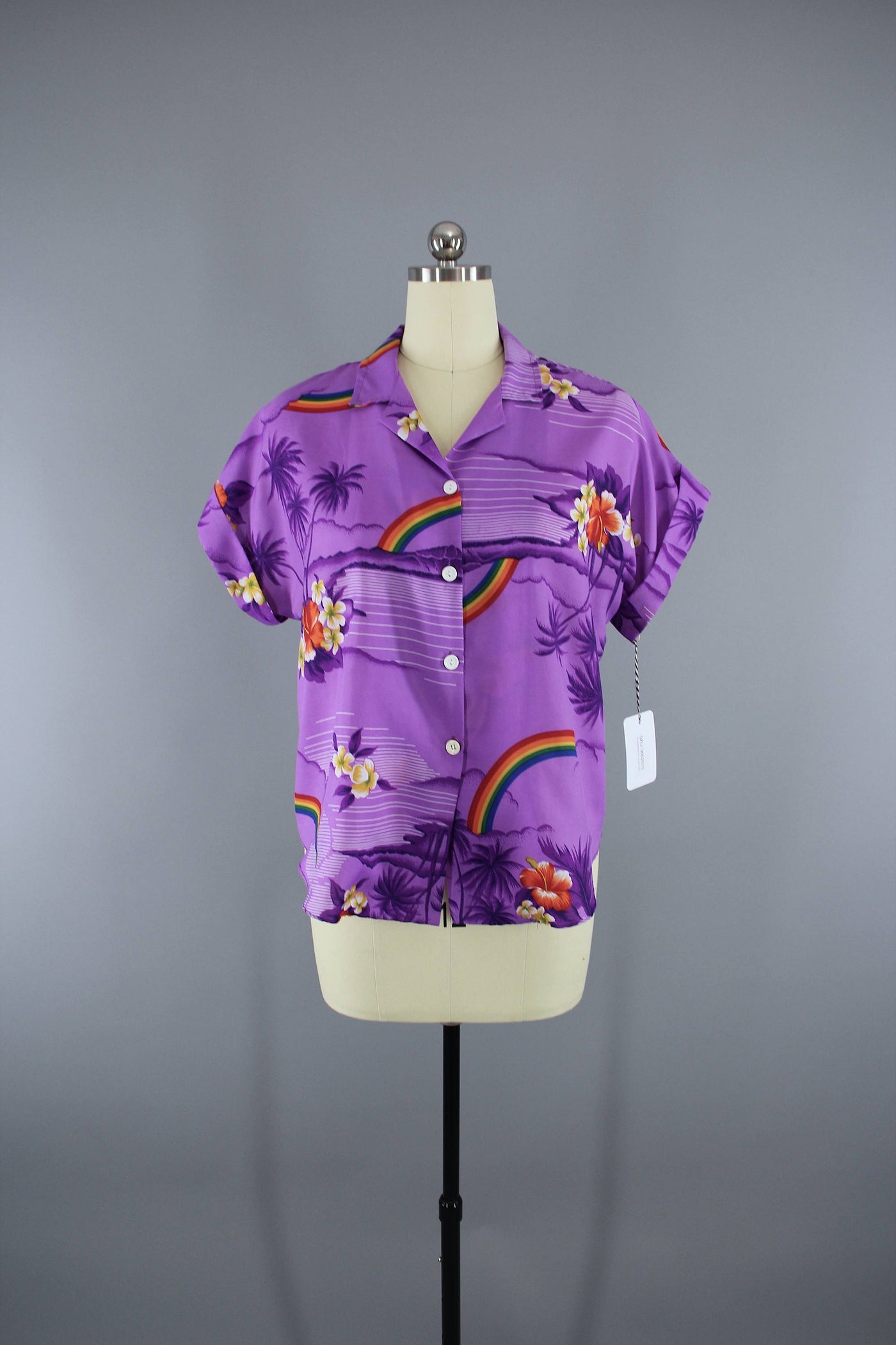 Vintage 1980s Purple Floral Rainbow Hawaiian Shirt - ThisBlueBird