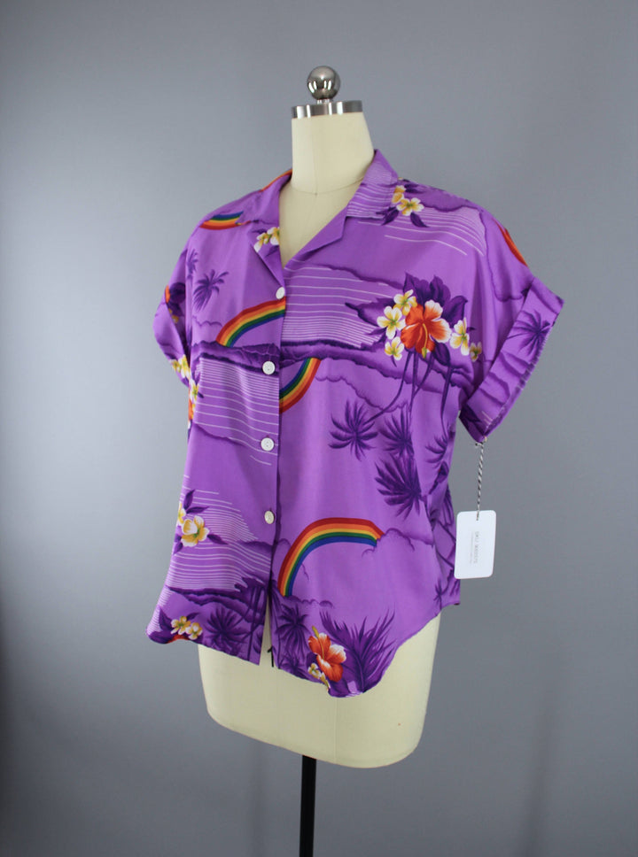 Vintage 1980s Purple Floral Rainbow Hawaiian Shirt - ThisBlueBird