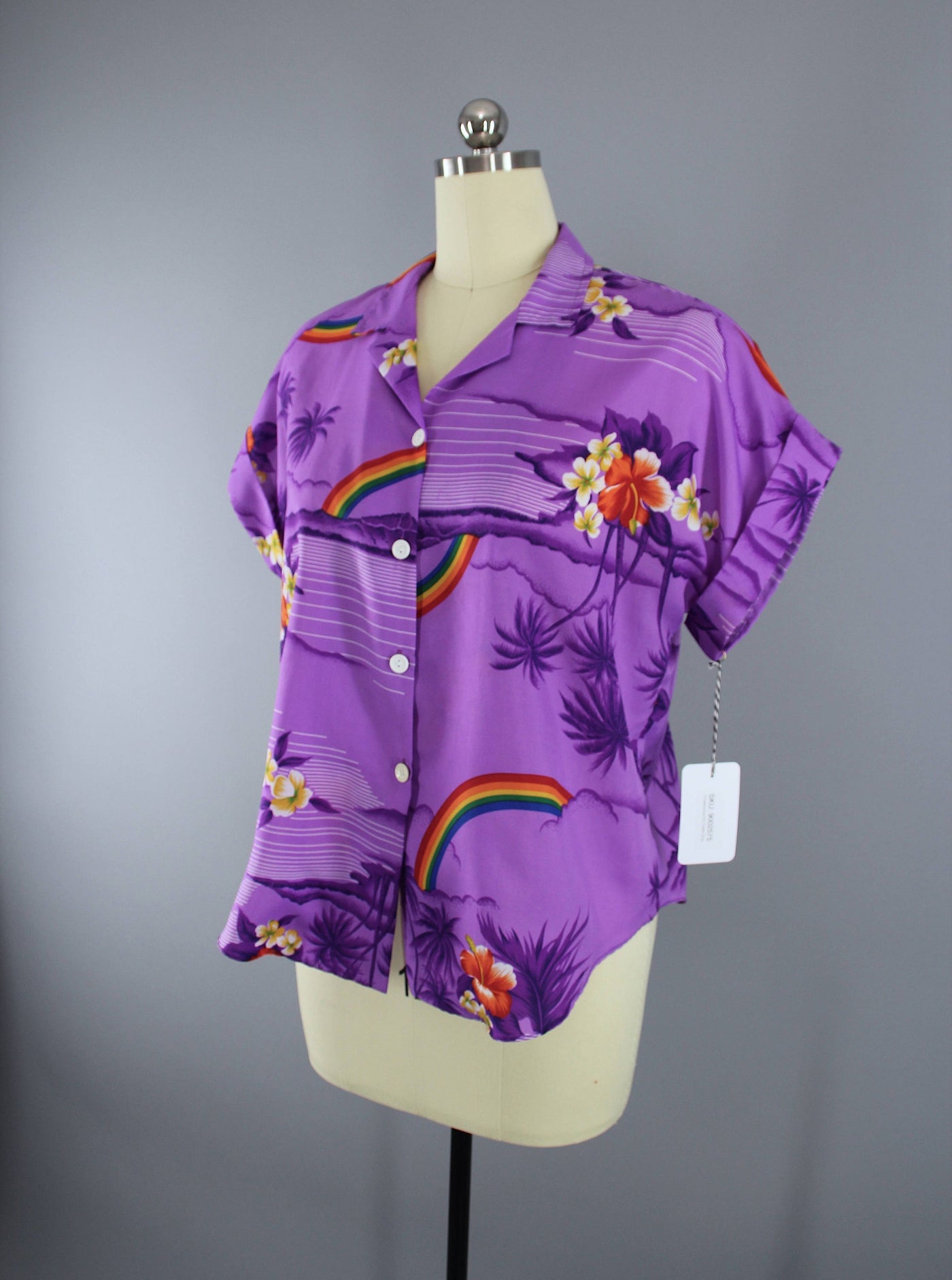 Vintage 1980s Purple Floral Rainbow Hawaiian Shirt - ThisBlueBird