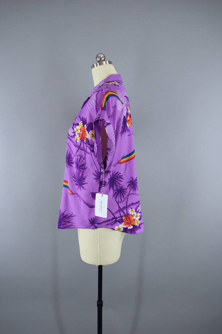 Vintage 1980s Purple Floral Rainbow Hawaiian Shirt - ThisBlueBird