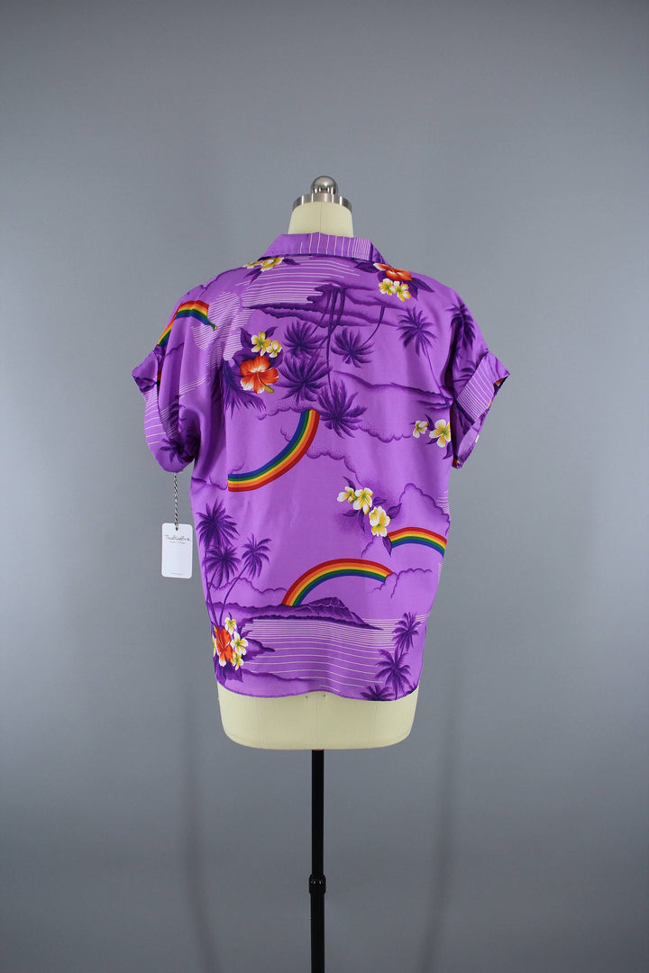 Vintage 1980s Purple Floral Rainbow Hawaiian Shirt - ThisBlueBird