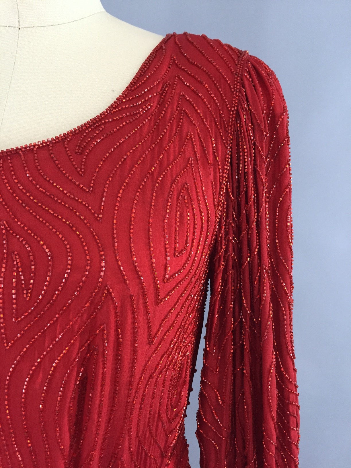 Vintage 1980s Red Beaded Cocktail Dress / Flapper Party Dress - ThisBlueBird