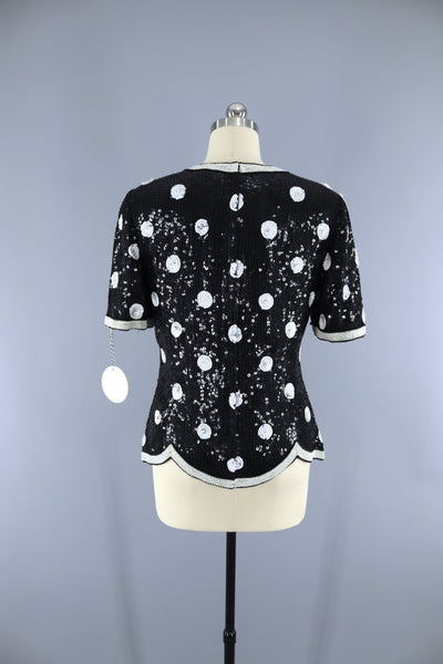 Vintage 1980s Sequined Blouse / Black & White Polka Dots - ThisBlueBird